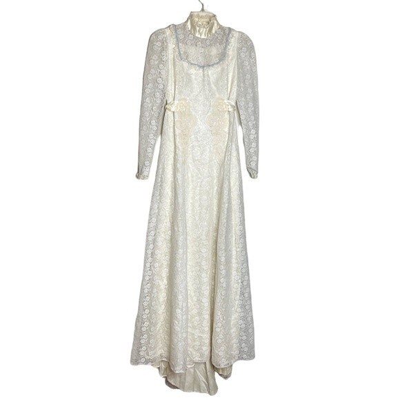 HANDMADE Long White Dress Gown Lace No Size Fits XS VINTAGE - Picture 4 of 10